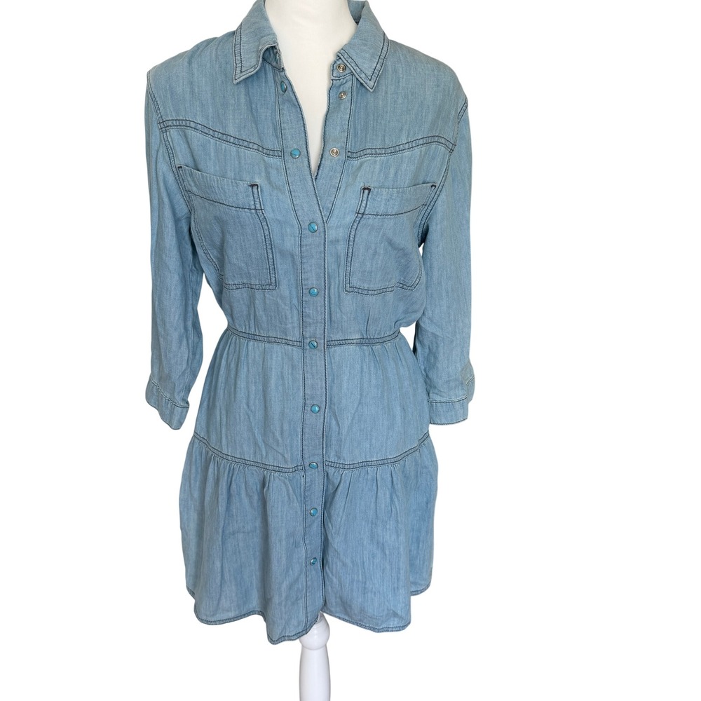 Ba&sh Sz 1 Denim Western Shirt Mini Dress‎ Turquoise Snap Tiered Chambray Rodeo